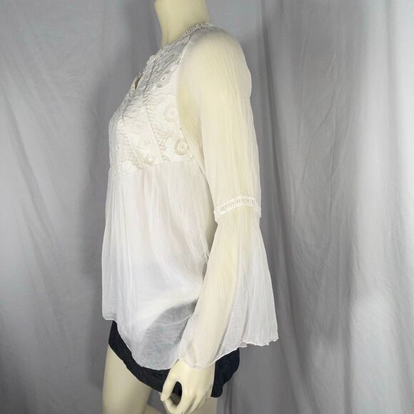 Made in Italy 100% Silk Lace Boho Blouse Sheer Bell Sleeve Peasant Top Romantic - Picture 9 of 15